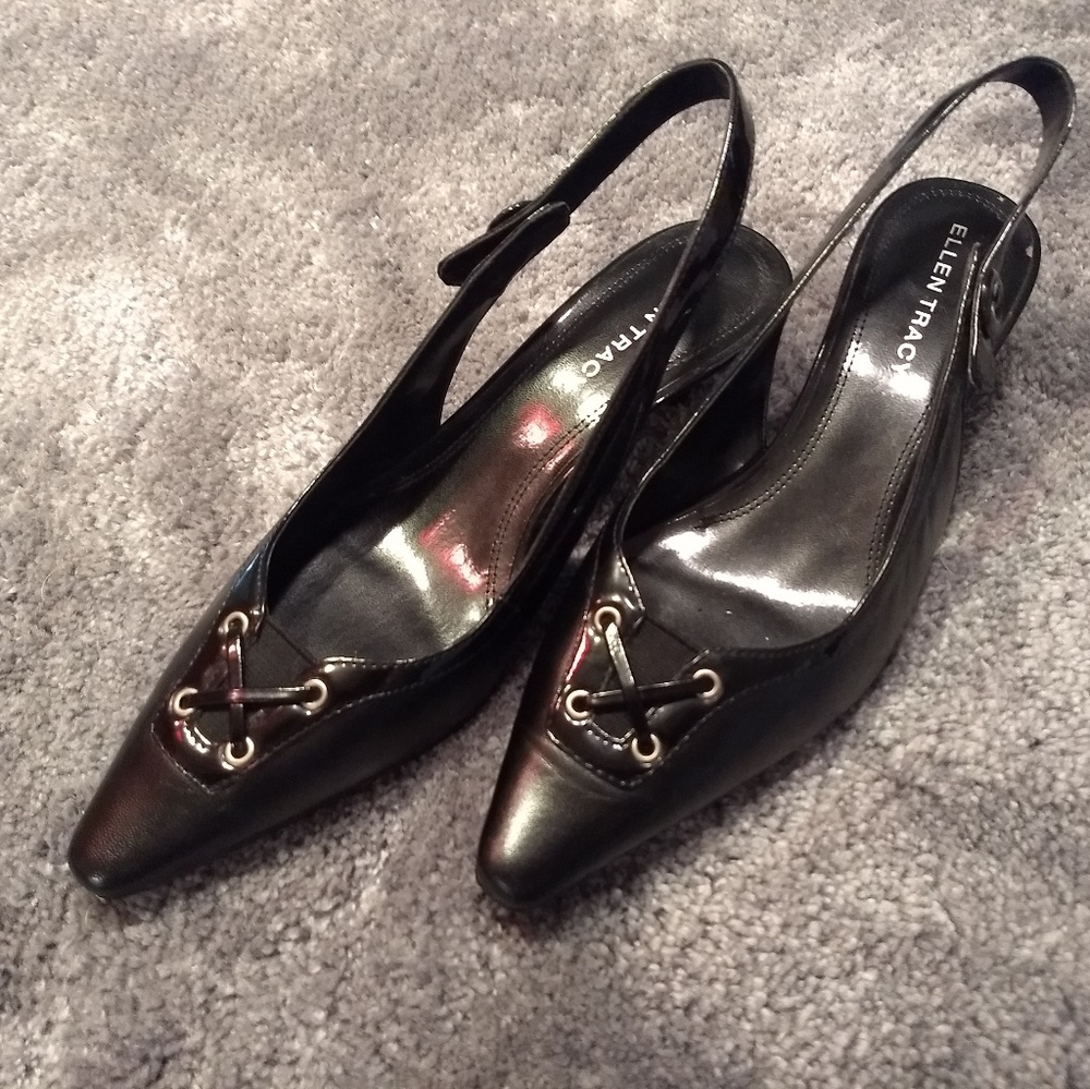 Black kitten heel sling back shoe